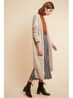 FRNCH Lamia Womens Longline Duster Cardigan Sweater Knit Beige Open Front S/M